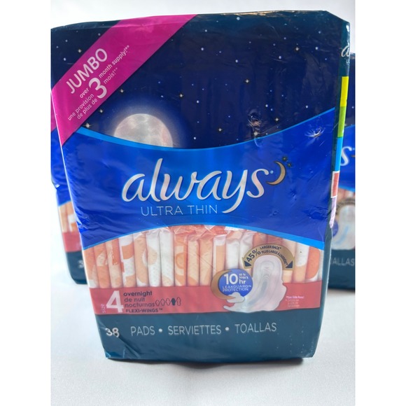 Always Ultra Thin Size 4 Overnight Pads Flexi-Wings 38 Count 3 Pack 114 Total - Picture 3 of 5